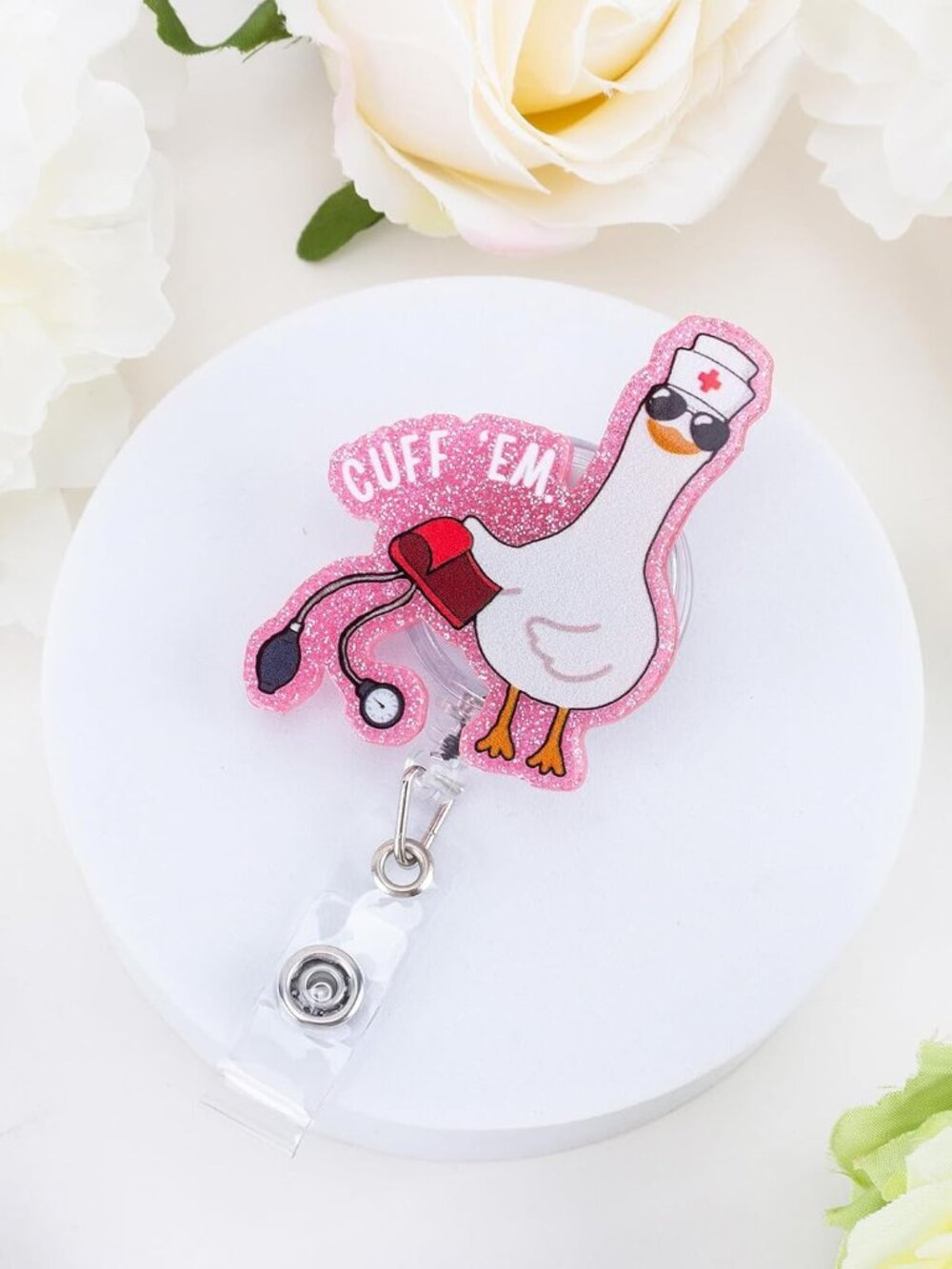 Cuff 'Em Funny Goose Nurse Badge Reel, Cute Retractable ID Badge Holder - Picture 2 of 7